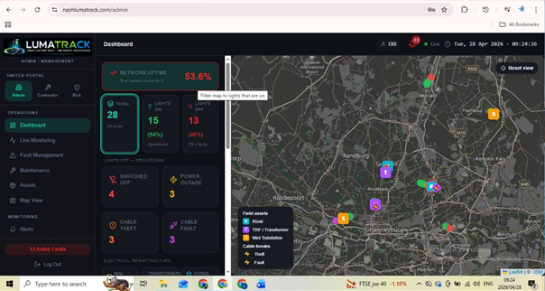 LumaTrack operations dashboard showing live streetlight network across Johannesburg